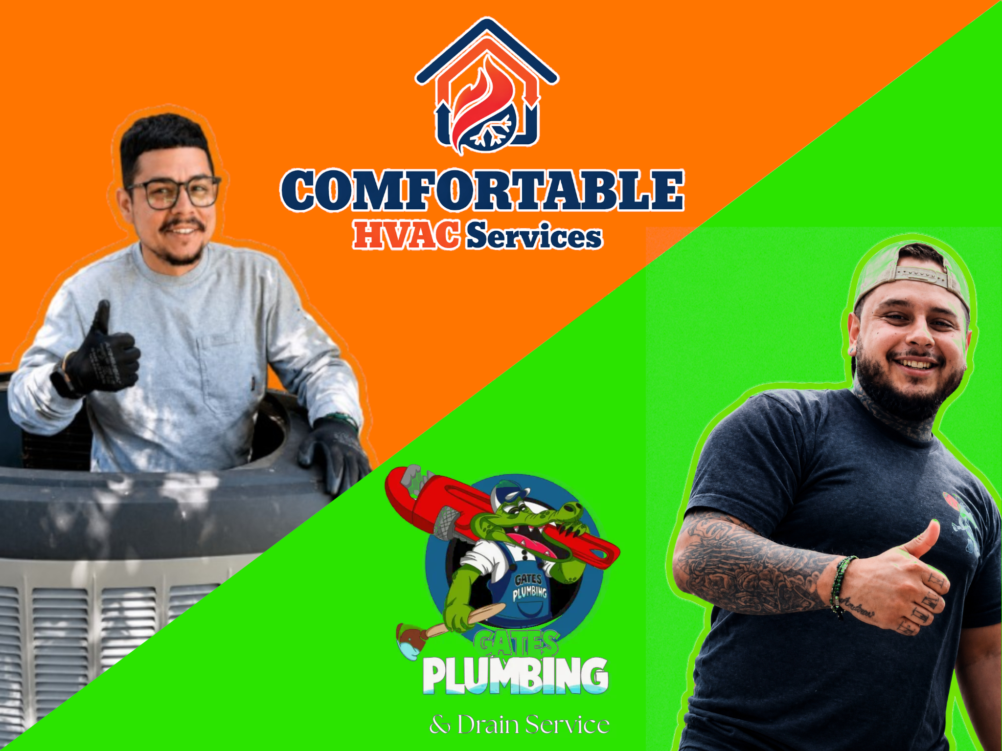 Michael Velasco of Comfortable HVAC Services and Nicholas Velasco of Gates Plumbing & Drain Service, split graphic with both company logos
